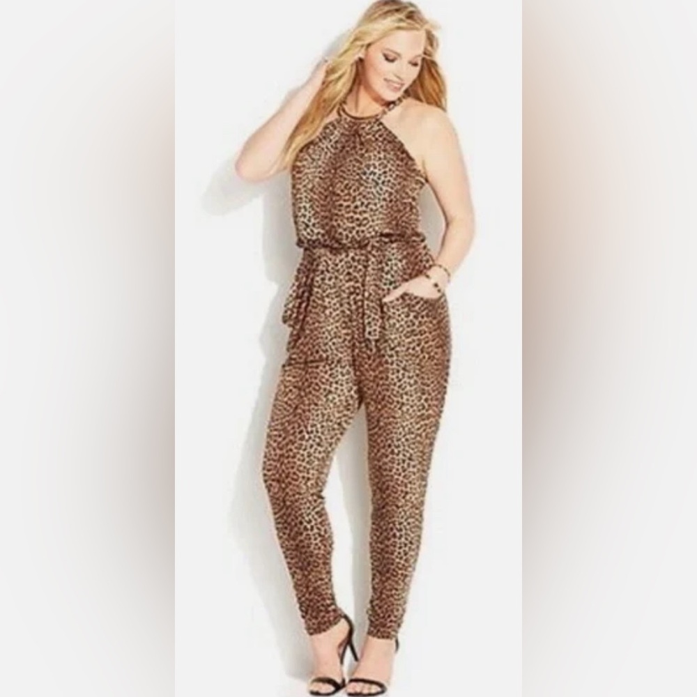 MICHAEL KORS LEOPARD PRINT GOLD HARDWARE ACCENT HALTER JUMPSUIT SIZE 2X